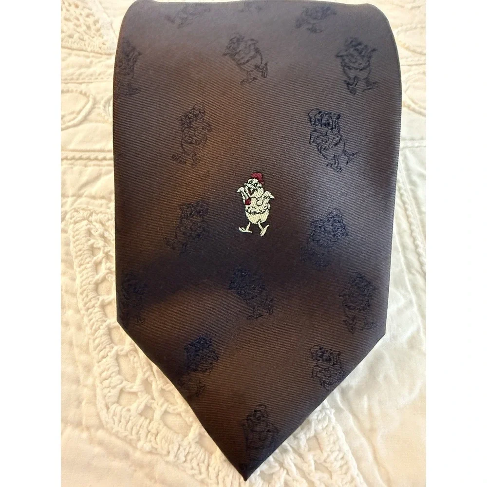 Yi Tang Silk Necktie Brown Logo Duck Through Out Hand Made Vintage 3.5